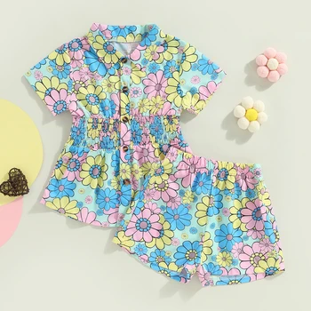 комплекти Дрехи за мама и бебе от 3 до 7 години за малки момичета, блузи с флорални принтом, къси панталони, детски летни дрехи D01