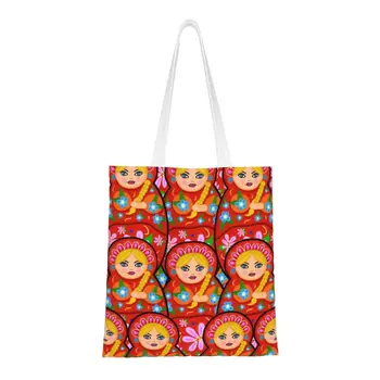 Руската matryoshka на народното творчество, холщовые чанти за пазаруване, дамски чанти за многократна употреба за пазаруване Babushka Dall