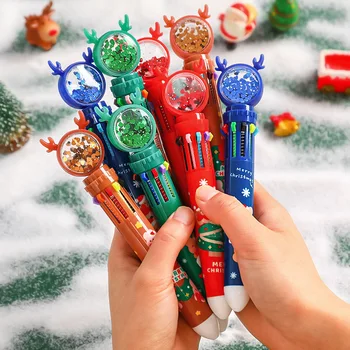 Коледна дръжка 5 бр., десет цвята в един многоцветен дръжката, цветна химикалка химикалка с пайети, Лосове, Дядо Коледа, телескопични ученически канцеларски материали