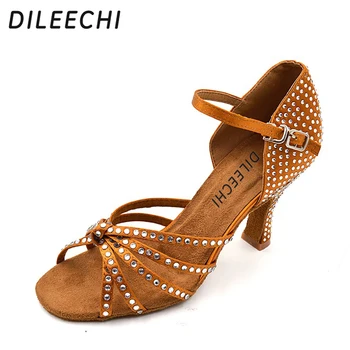 DILEECHI/ Дамски сатенени обувки за латино танци с Кристали на Ток 8 см., Обувки за Латино Танго, Салса, Обувки за Танго, Обувки За Момичета