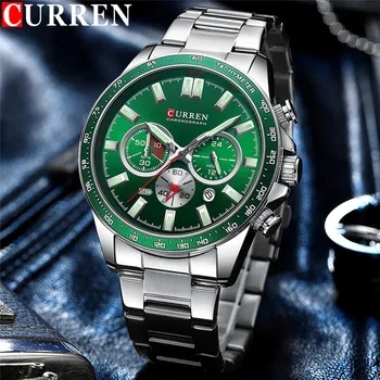 Мъжки часовник CURREN с хронограф водоустойчив, мъжки часовник в стил милитари зелено, най-добрата марка за луксозни спортни мъжки часовник от неръждаема стомана 8418